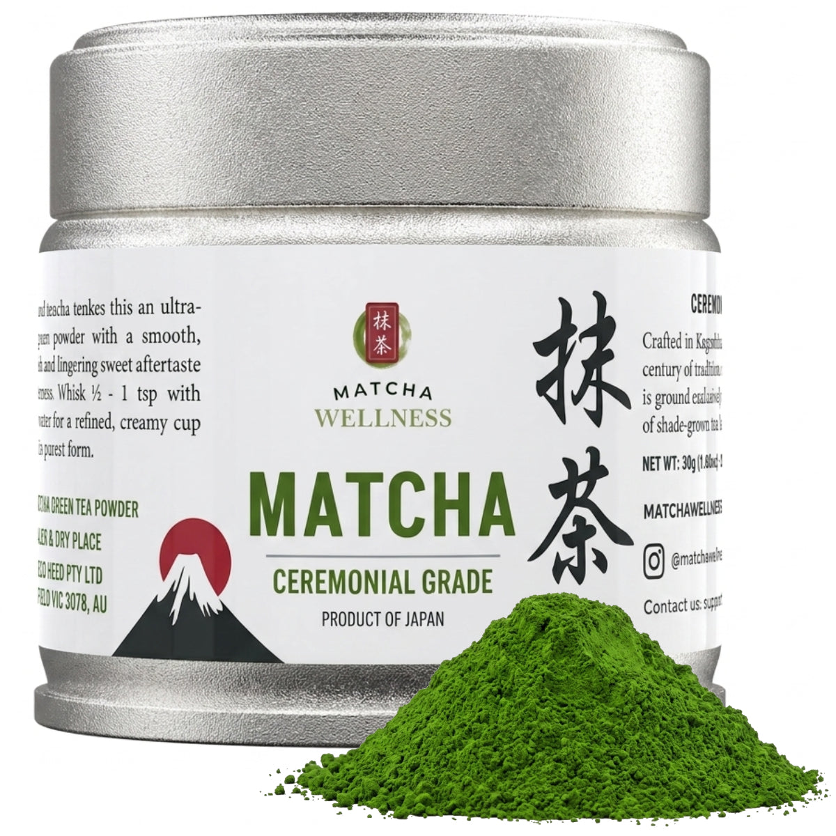 Japanese ceremonial grade matcha 30g tin bag by Matcha Wellness Australia